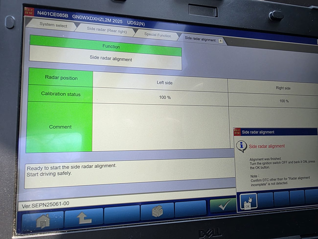 Scan tool screen confirming a completed side radar ADAS calibration