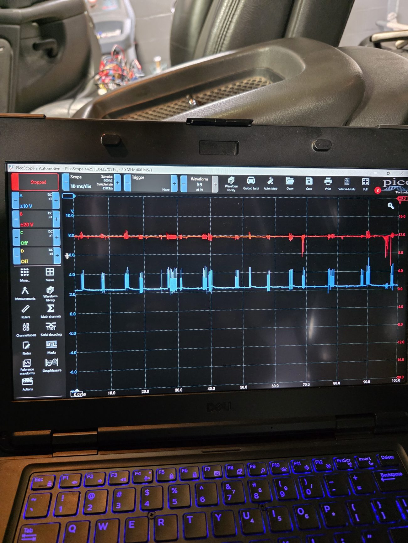 Serial data bus waveforms captured during vehicle network communication diagnostics